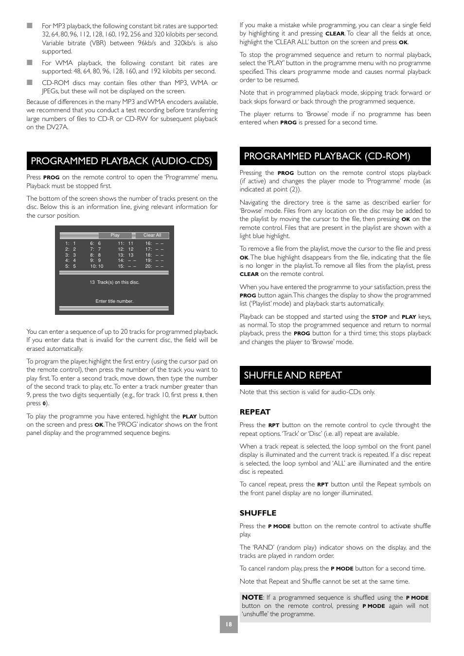 Programmed playback (audio-cds), Programmed playback (cd-rom), Shuffle and repeat | 18 shuffle and repeat | Arcam Progressive scan DVD player DV27A User Manual | Page 18 / 23