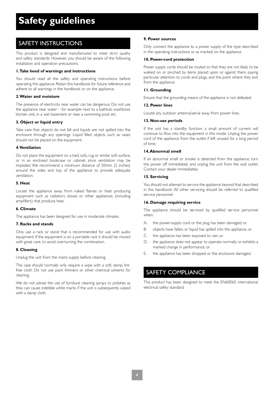 Safety guidelines, Safety instructions, Safety compliance | 4 safety compliance | Arcam Progressive scan DVD player DV27A User Manual | Page 4 / 23