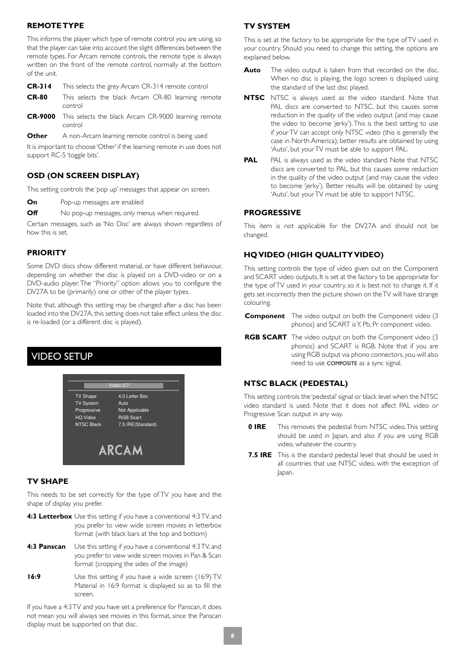Video setup | Arcam Progressive scan DVD player DV27A User Manual | Page 8 / 23