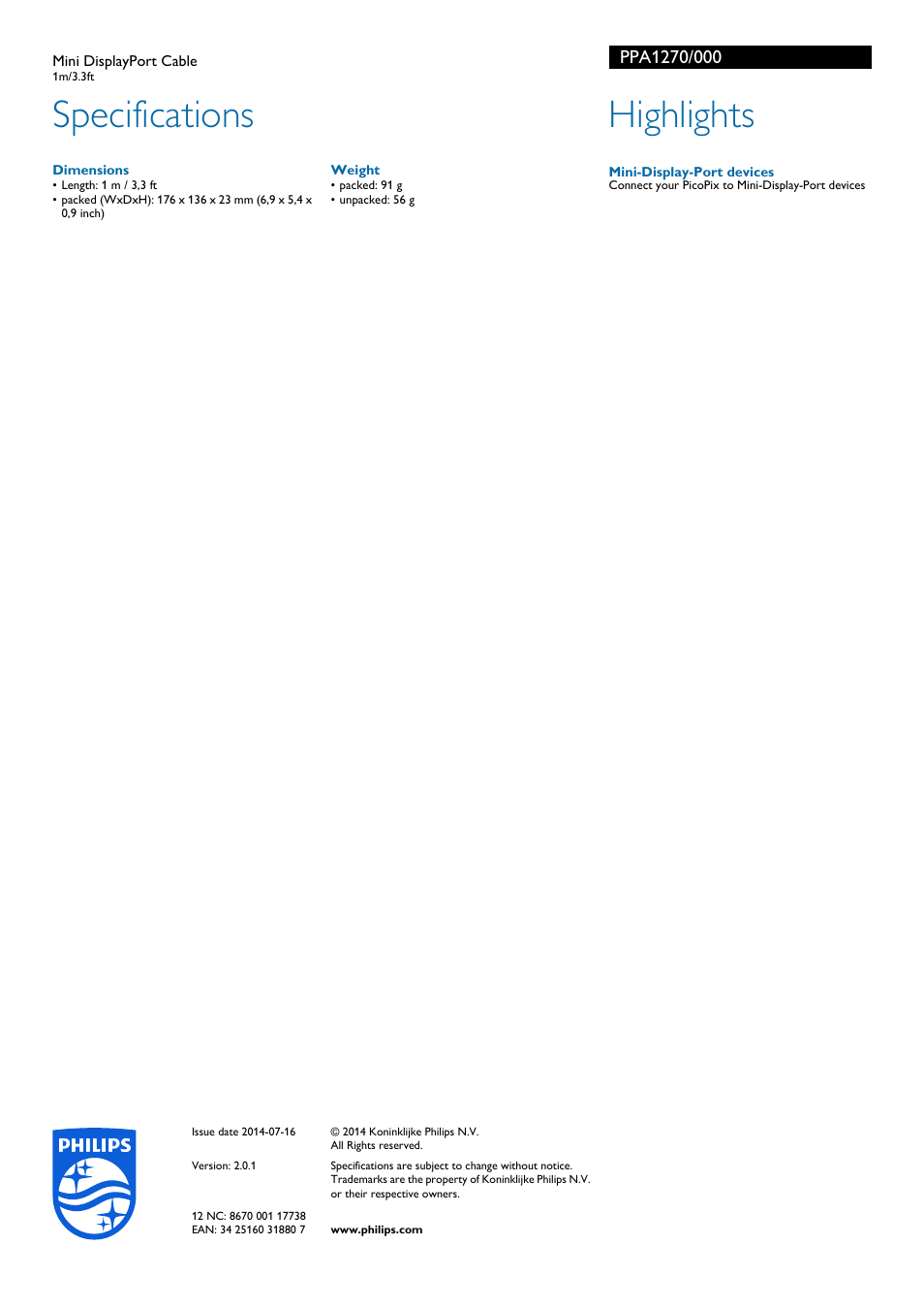 Specifications, Highlights | Philips PicoPix Câble Mini DisplayPort User Manual | Page 2 / 2