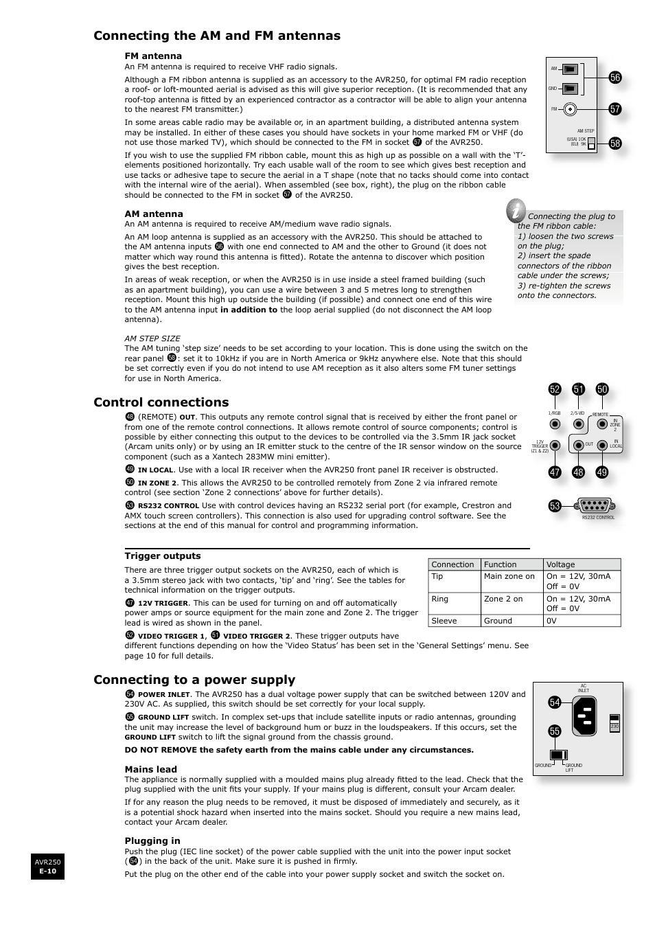 Fo fp, Fq fr fs, Connecting the am and fm antennas | Control connections es, Connecting to a power supply fo | Arcam surround sound receiver AVR250 User Manual | Page 10 / 44