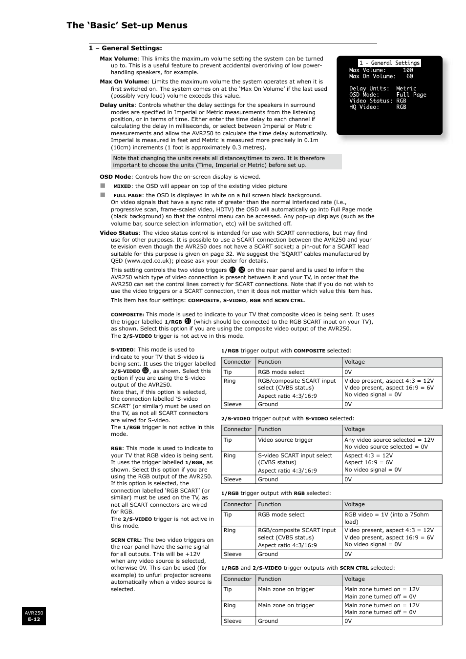 The ‘basic’ set-up menus | Arcam surround sound receiver AVR250 User Manual | Page 12 / 44