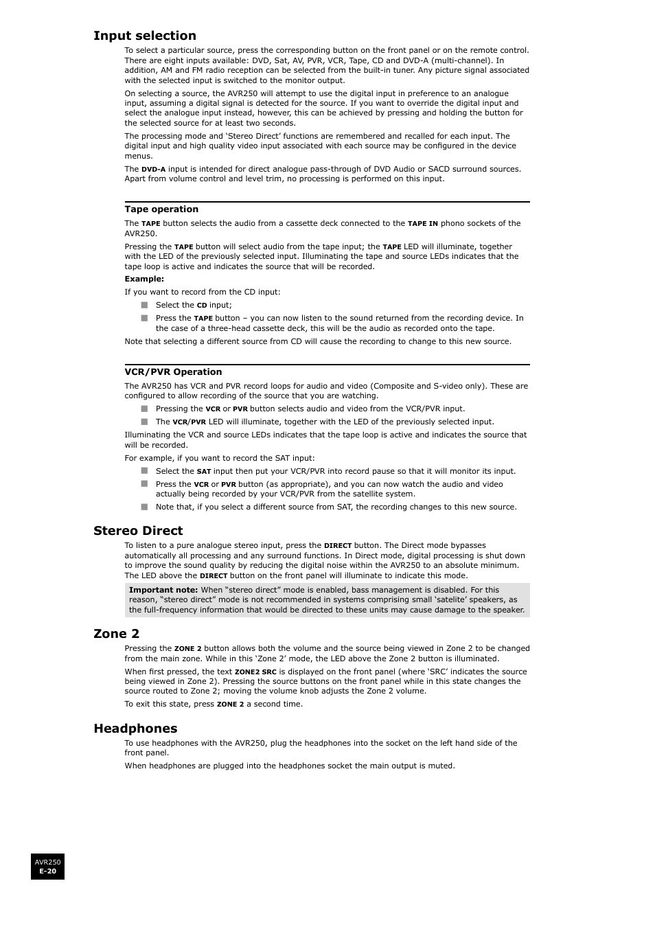 Input selection, Stereo direct, Zone 2 | Headphones | Arcam surround sound receiver AVR250 User Manual | Page 20 / 44