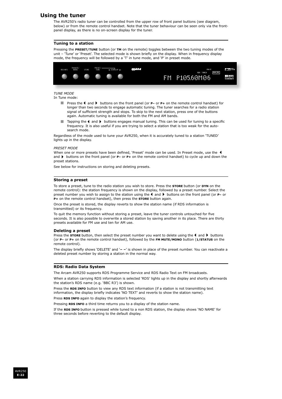 Using the tuner | Arcam surround sound receiver AVR250 User Manual | Page 22 / 44