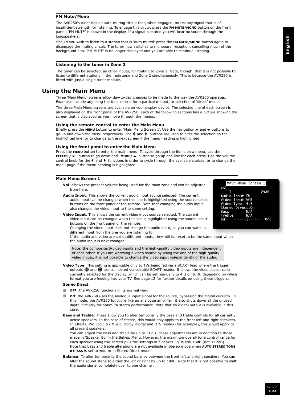 Using the main menu | Arcam surround sound receiver AVR250 User Manual | Page 23 / 44