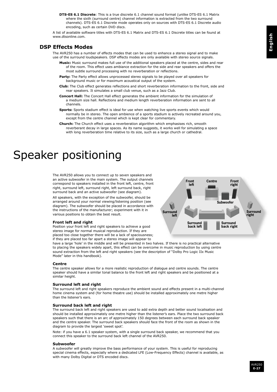 Speaker positioning, Dsp effects modes | Arcam surround sound receiver AVR250 User Manual | Page 27 / 44