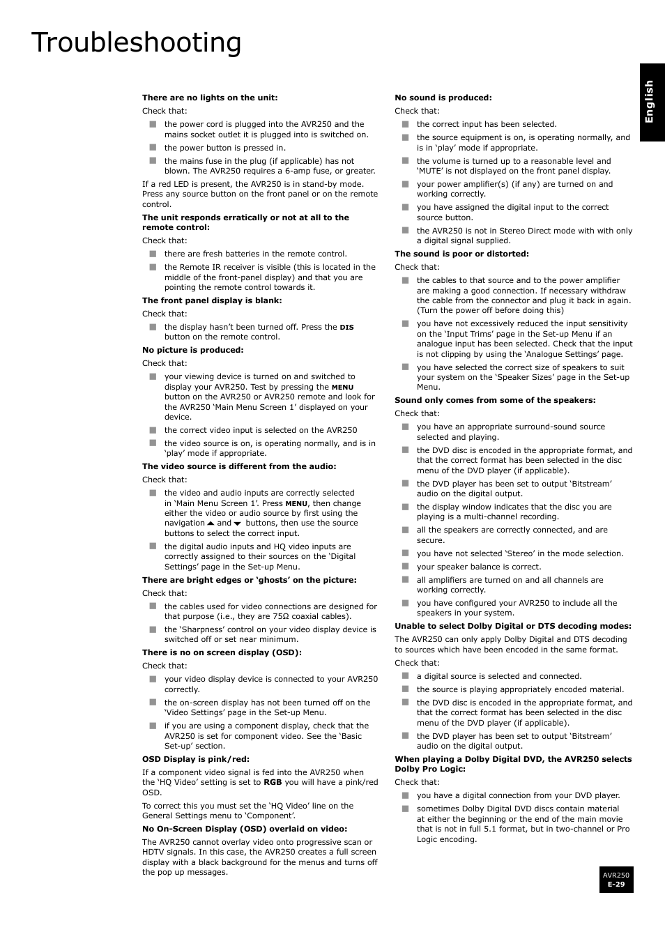 Troubleshooting | Arcam surround sound receiver AVR250 User Manual | Page 29 / 44