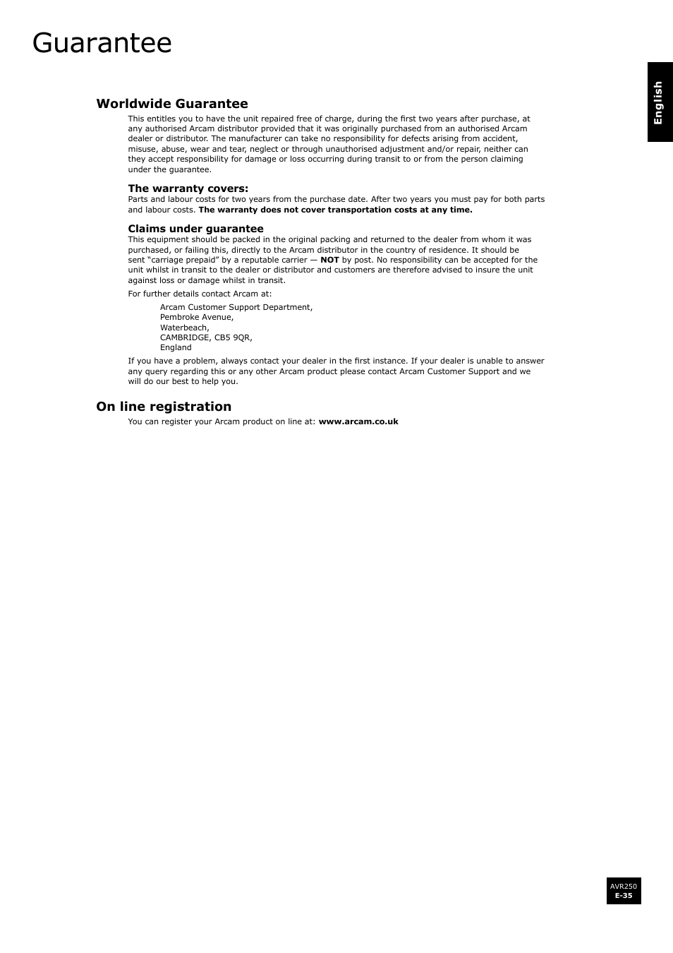 Guarantee, Worldwide guarantee, On line registration | Arcam surround sound receiver AVR250 User Manual | Page 35 / 44