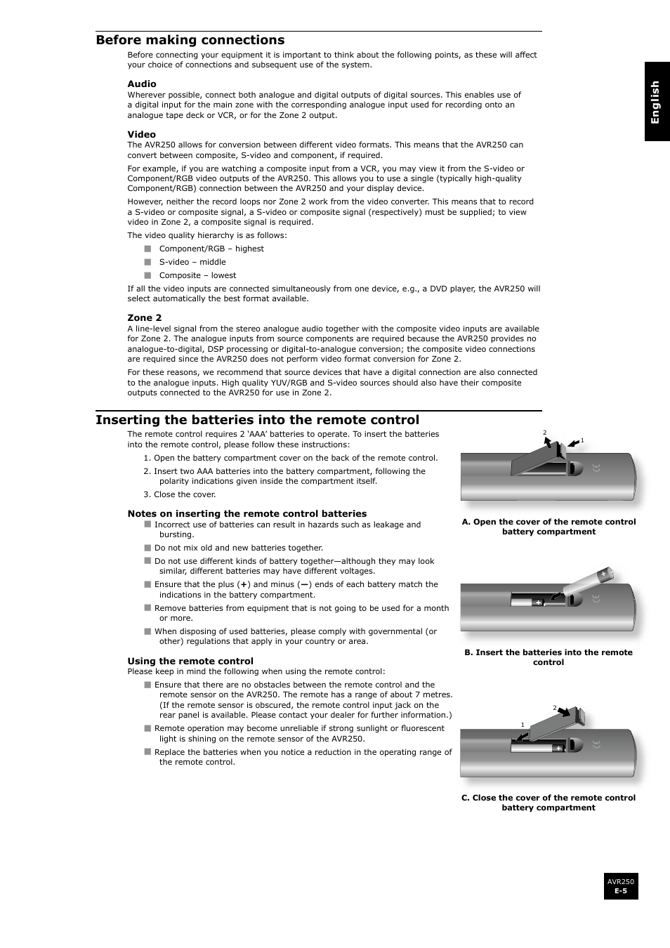 Before making connections, Inserting the batteries into the remote control | Arcam surround sound receiver AVR250 User Manual | Page 5 / 44