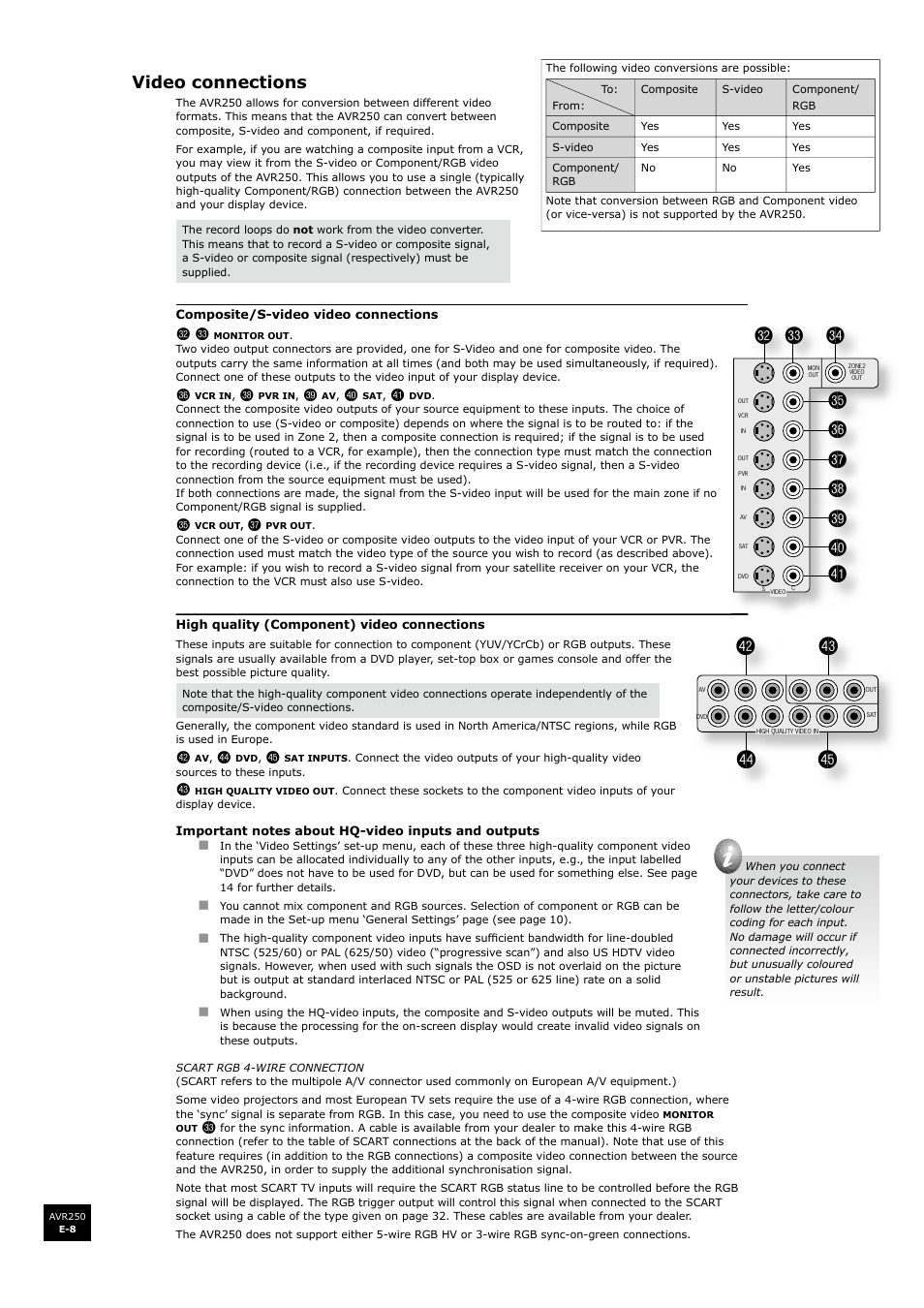 Video connections | Arcam surround sound receiver AVR250 User Manual | Page 8 / 44