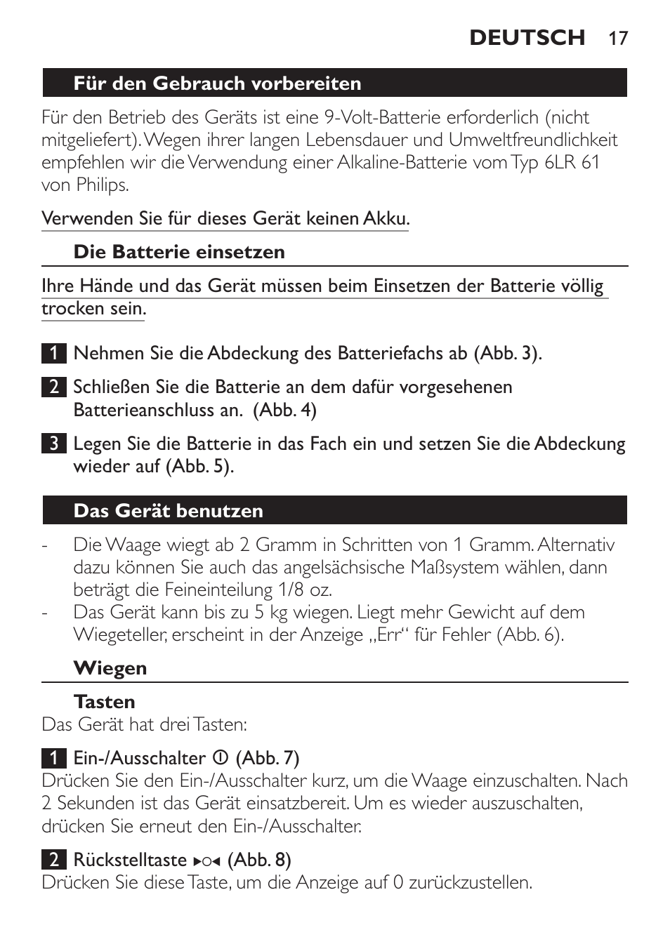 Für den gebrauch vorbereiten, Die batterie einsetzen, Das gerät benutzen | Wiegen, Tasten | Philips Balance de cuisine User Manual | Page 17 / 82