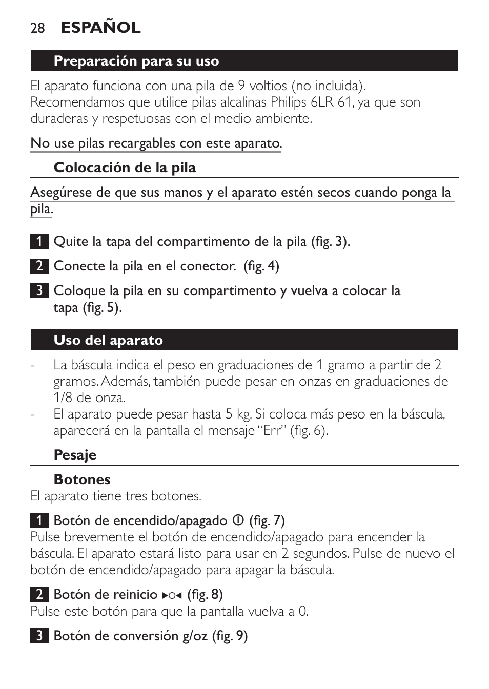 Preparación para su uso, Colocación de la pila, Uso del aparato | Pesaje, Botones | Philips Balance de cuisine User Manual | Page 28 / 82