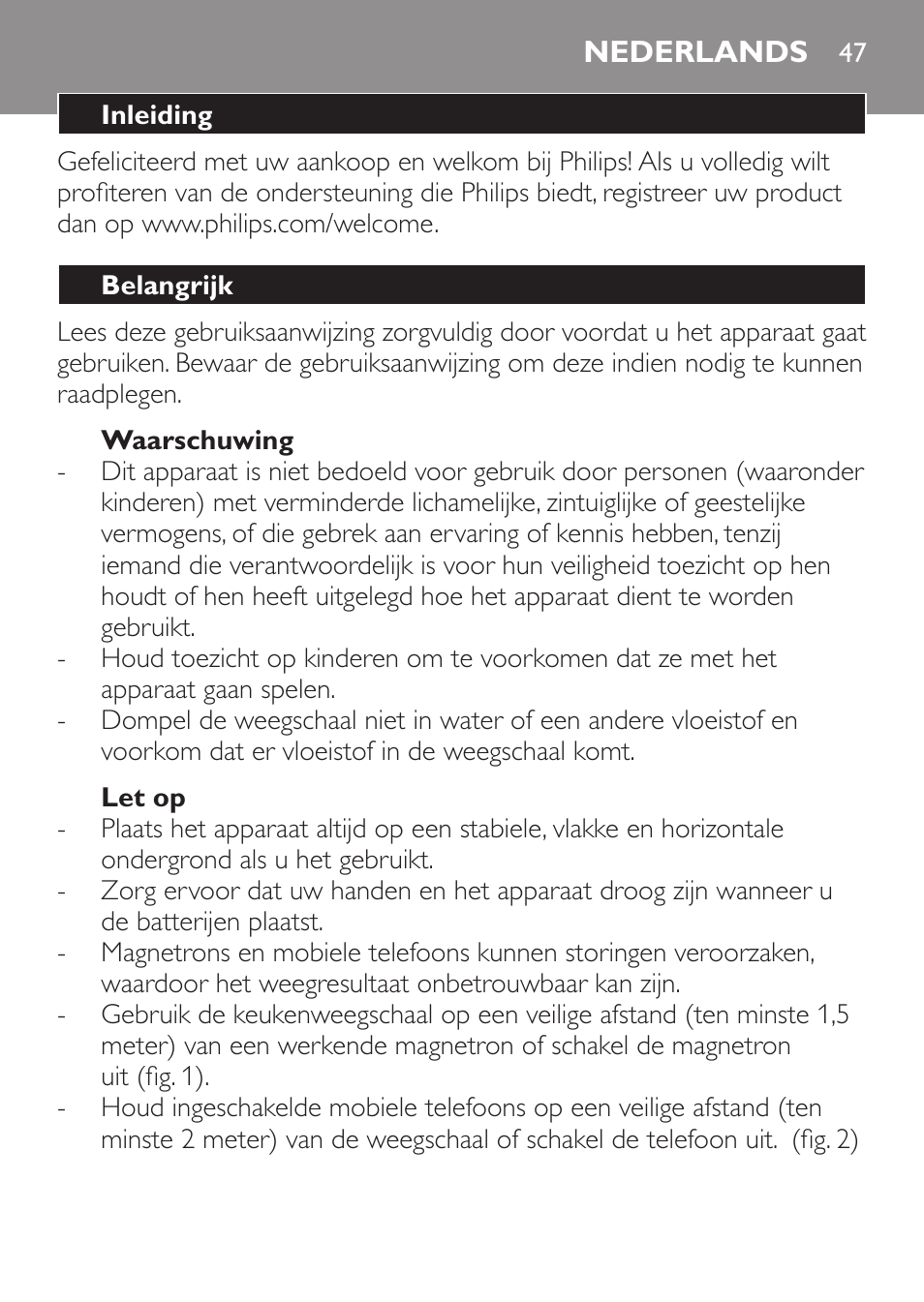 Waarschuwing, Let op, Nederlands | Inleiding, Belangrijk | Philips Balance de cuisine User Manual | Page 47 / 82