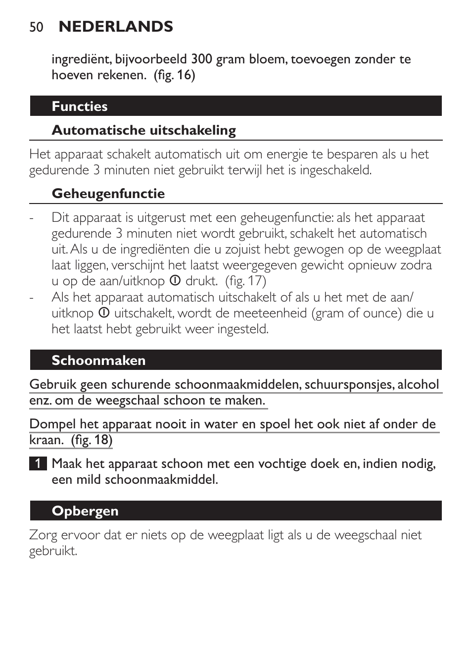 Functies, Automatische uitschakeling, Geheugenfunctie | Schoonmaken, Opbergen | Philips Balance de cuisine User Manual | Page 50 / 82