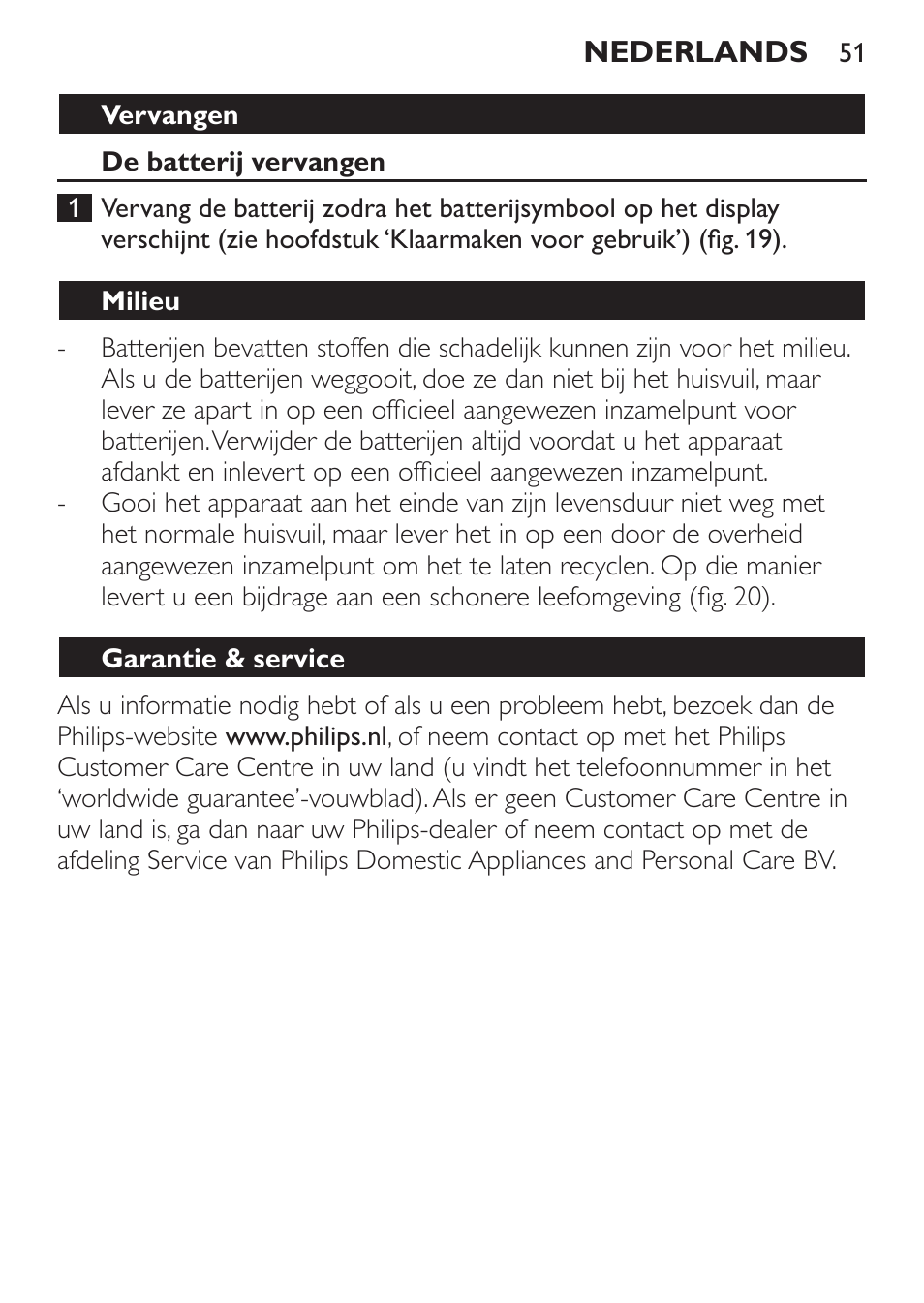 Vervangen, De batterij vervangen, Milieu | Garantie & service | Philips Balance de cuisine User Manual | Page 51 / 82