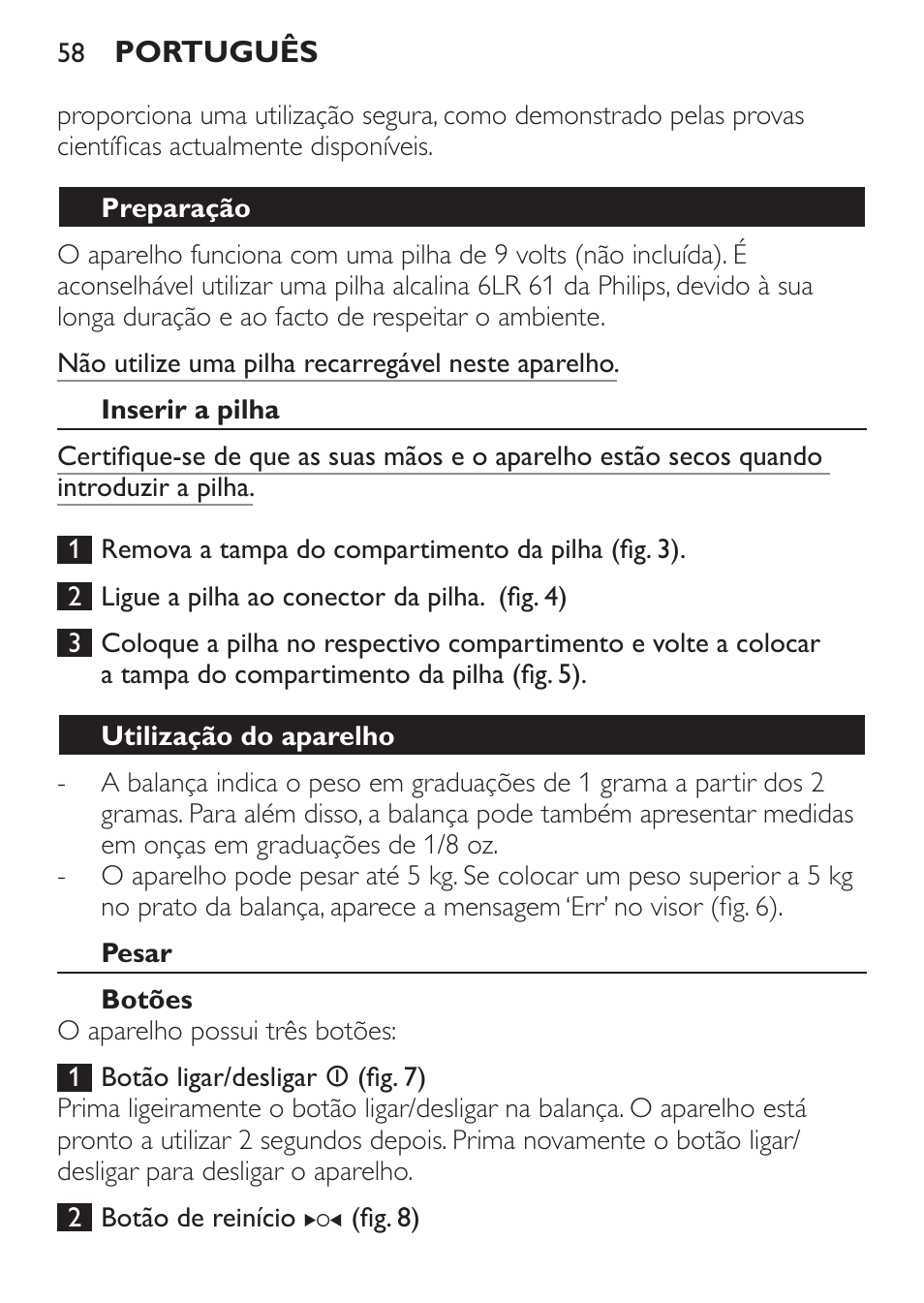 Preparação, Inserir a pilha, Utilização do aparelho | Pesar, Botões | Philips Balance de cuisine User Manual | Page 58 / 82