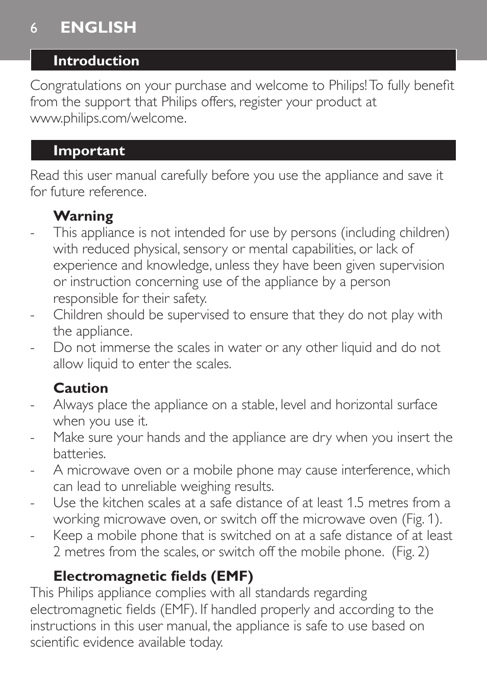 English, Introduction, Important | Warning, Caution, Electromagnetic fields (emf) | Philips Balance de cuisine User Manual | Page 6 / 82