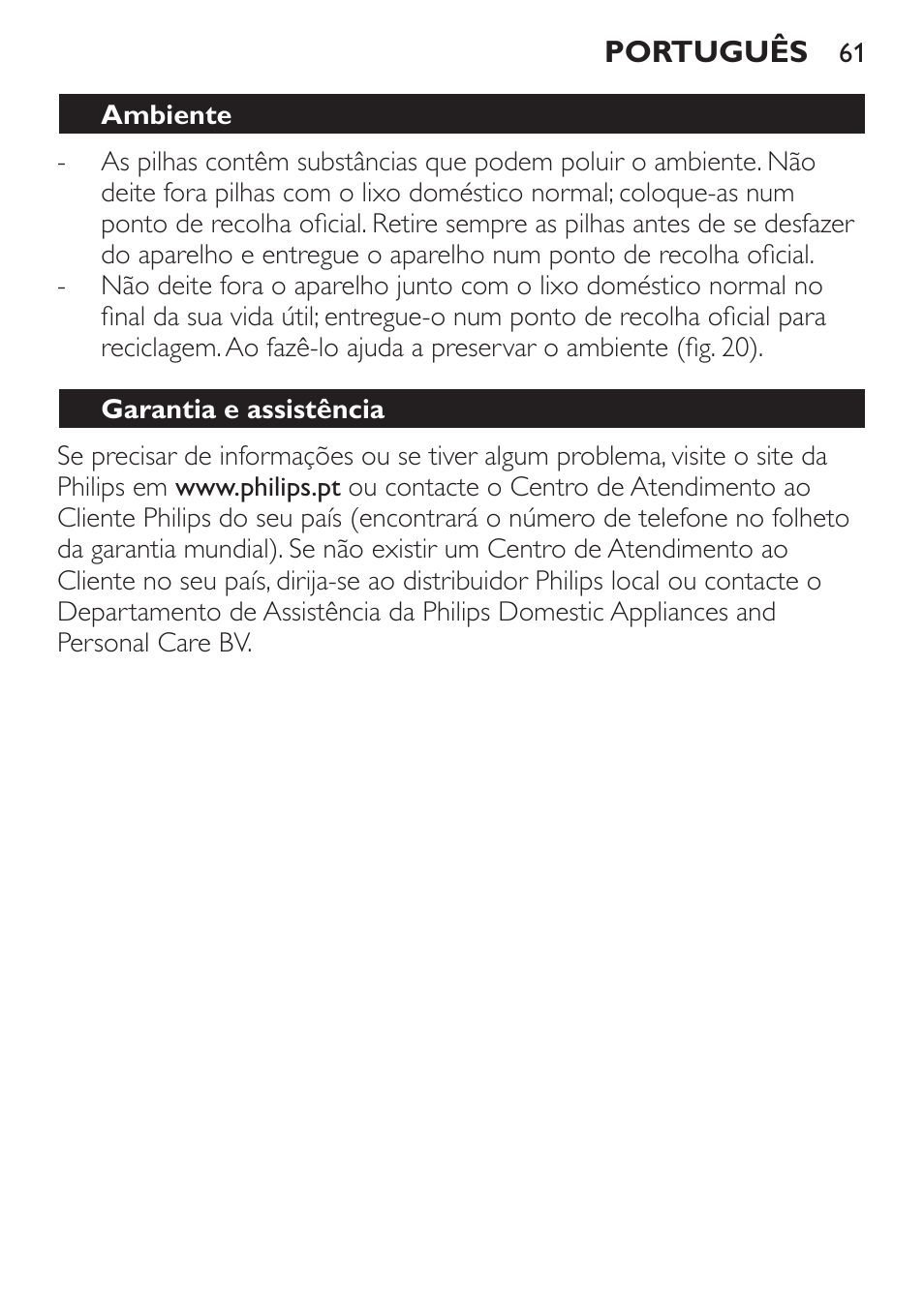 Ambiente, Garantia e assistência | Philips Balance de cuisine User Manual | Page 61 / 82