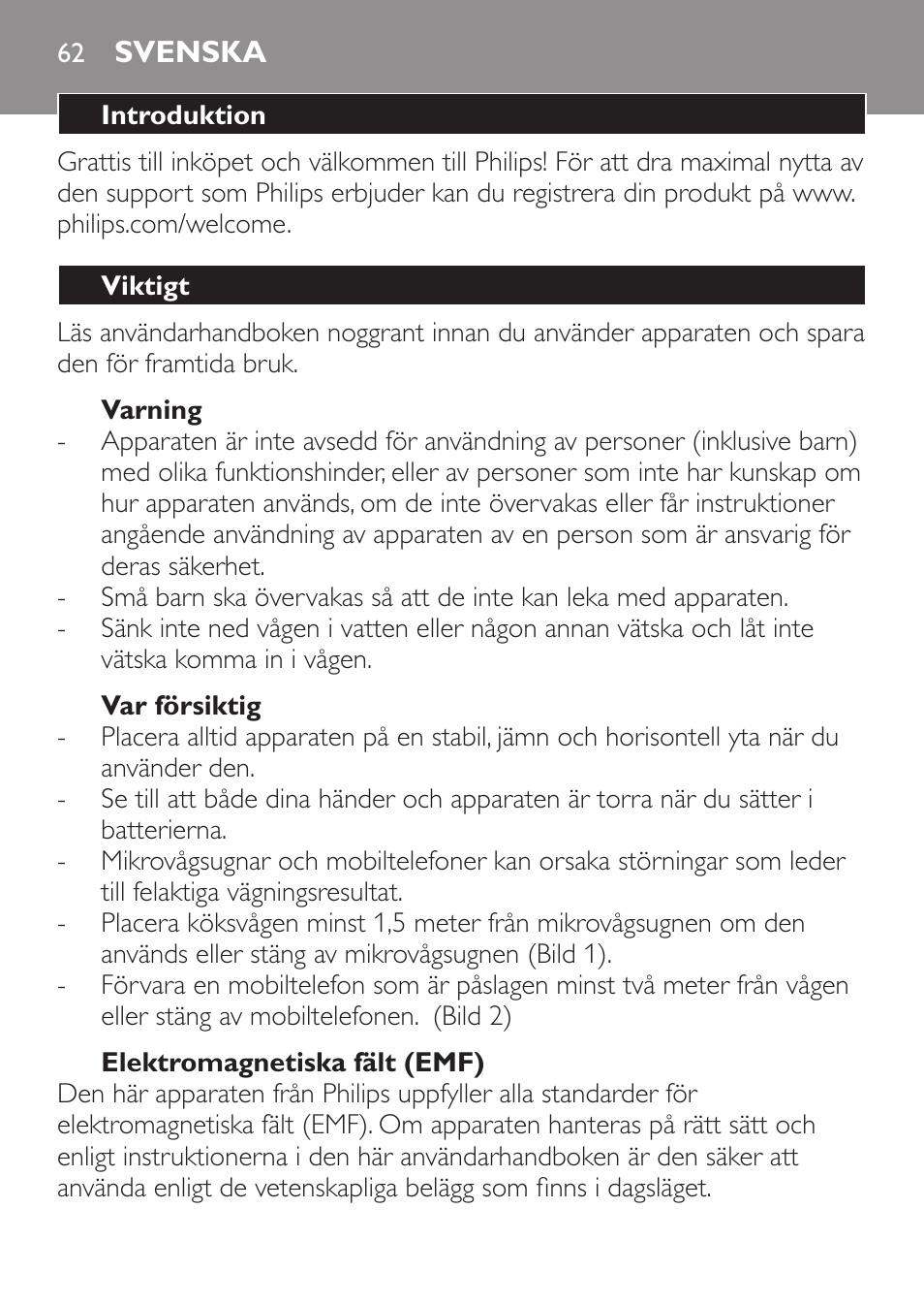 Varning, Var försiktig, Elektromagnetiska fält (emf) | Svenska, Introduktion, Viktigt | Philips Balance de cuisine User Manual | Page 62 / 82