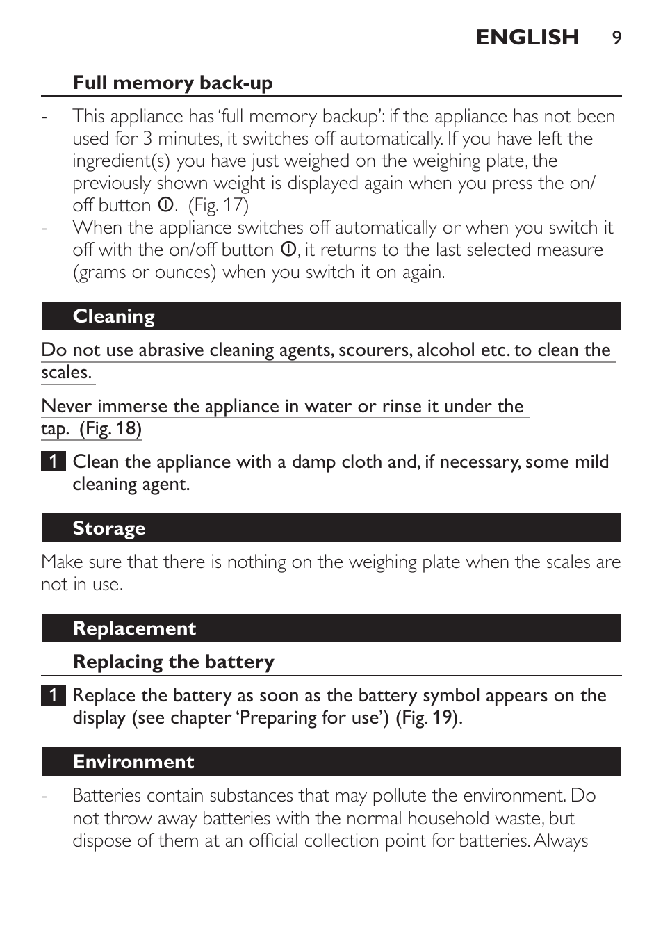 Full memory back-up, Cleaning, Storage | Replacement, Replacing the battery, Environment | Philips Balance de cuisine User Manual | Page 9 / 82