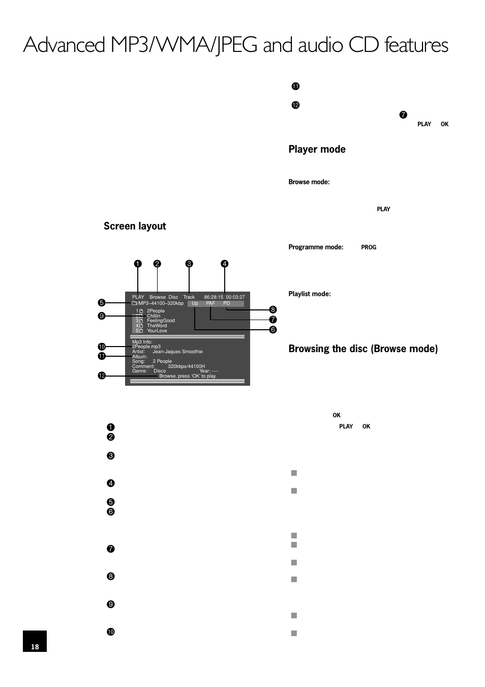 Advanced mp3/wma/jpeg and audio cd features, Screen layout, Player mode | Browsing the disc (browse mode), 18 player mode, 18 browsing the disc (browse mode) | Arcam DV78 User Manual | Page 18 / 100