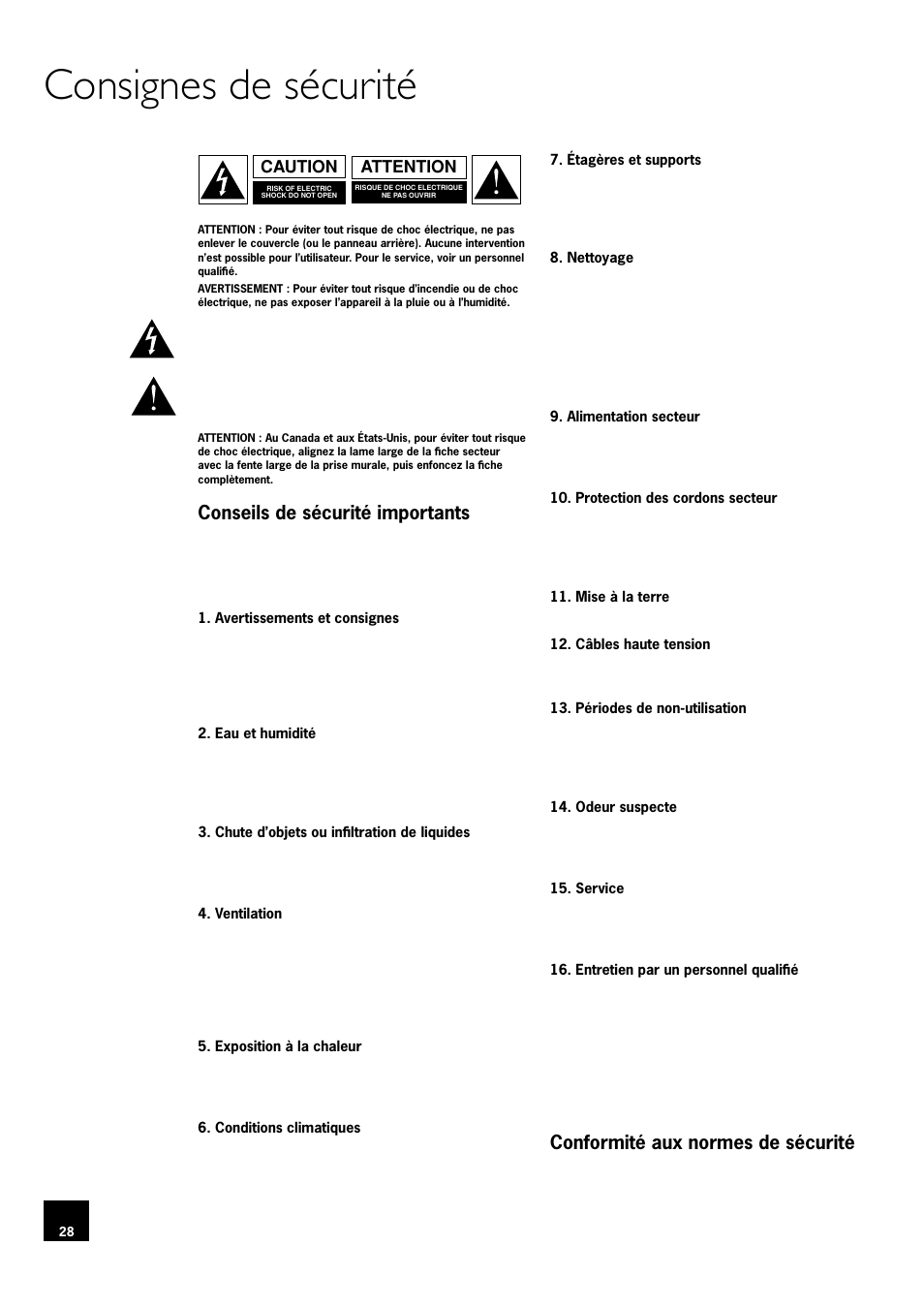 Consignes de sécurité, Conseils de sécurité importants, Conformité aux normes de sécurité | 28 conformité aux normes de sécurité, Attention caution | Arcam DV78 User Manual | Page 28 / 100