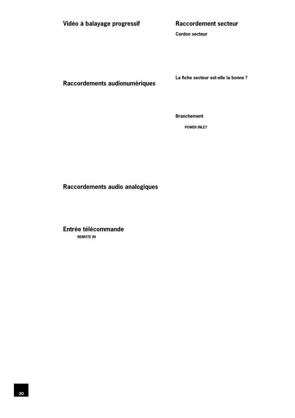 Vidéo à balayage progressif, Raccordements audionumériques, Raccordements audio analogiques | Entrée télécommande, Raccordement secteur, 30 raccordements audionumériques, 30 raccordements audio analogiques, 30 entrée télécommande, 30 raccordement secteur | Arcam DV78 User Manual | Page 30 / 100