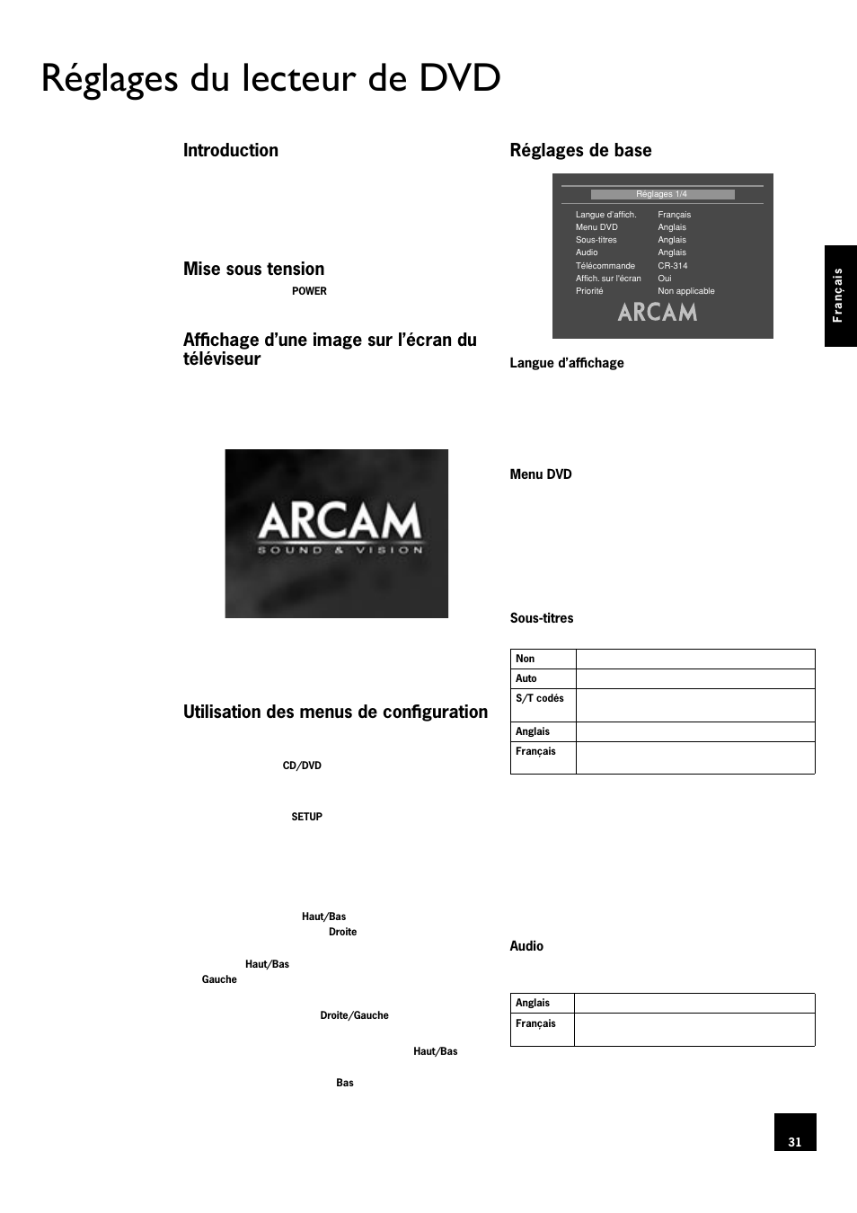 Réglages du lecteur de dvd, Introduction, Mise sous tension | Affichage d’une image sur l’écran du téléviseur, Utilisation des menus de configuration, Réglages de base, 31 mise sous tension, 31 affichage d’une image sur l’écran du téléviseur, 31 utilisation des menus de configuration, 31 réglages de base | Arcam DV78 User Manual | Page 31 / 100