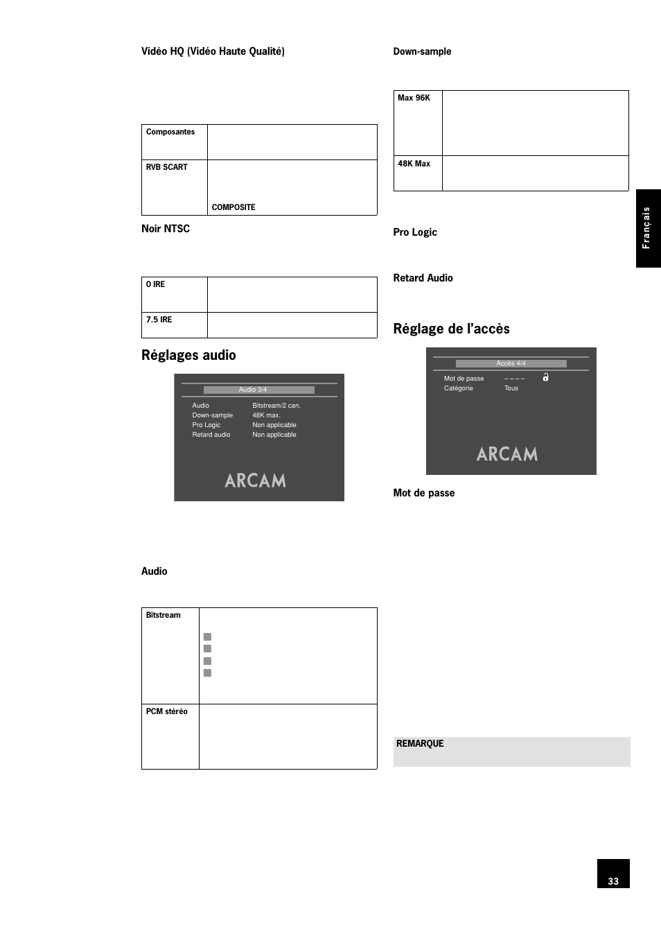 Réglages audio, Réglage de l’accès, 33 réglage de l’accès | Arcam DV78 User Manual | Page 33 / 100