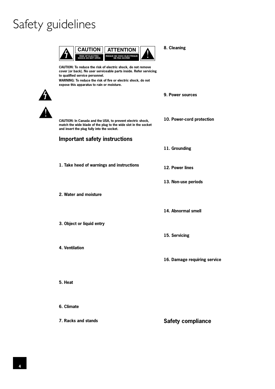 Safety guidelines, Important safety instructions, Safety compliance | 4 safety compliance, Attention caution | Arcam DV78 User Manual | Page 4 / 100