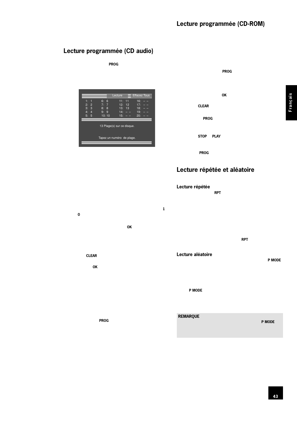 Lecture programmée (cd audio), Lecture programmée (cd-rom), Lecture répétée et aléatoire | 43 lecture programmée (cd-rom), 43 lecture répétée et aléatoire | Arcam DV78 User Manual | Page 43 / 100