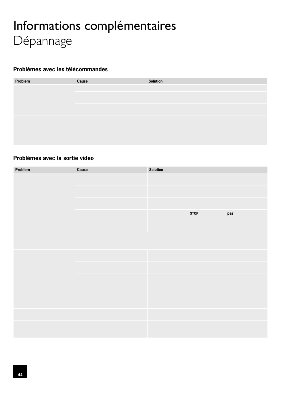 Informations complémentaires, Dépannage, Problèmes avec les télécommandes | Problèmes avec la sortie vidéo, 44 dépannage, 44 problèmes avec la sortie vidéo, Informations complémentaires dépannage | Arcam DV78 User Manual | Page 44 / 100
