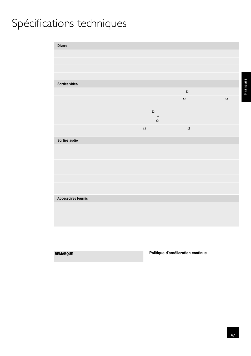 Spécifications techniques | Arcam DV78 User Manual | Page 47 / 100