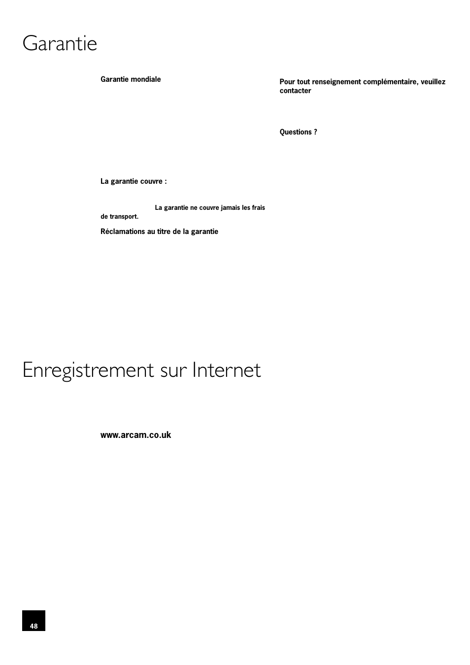 Garantie, Enregistrement sur internet, 48 enregistrement sur internet | Garantie enregistrement sur internet | Arcam DV78 User Manual | Page 48 / 100