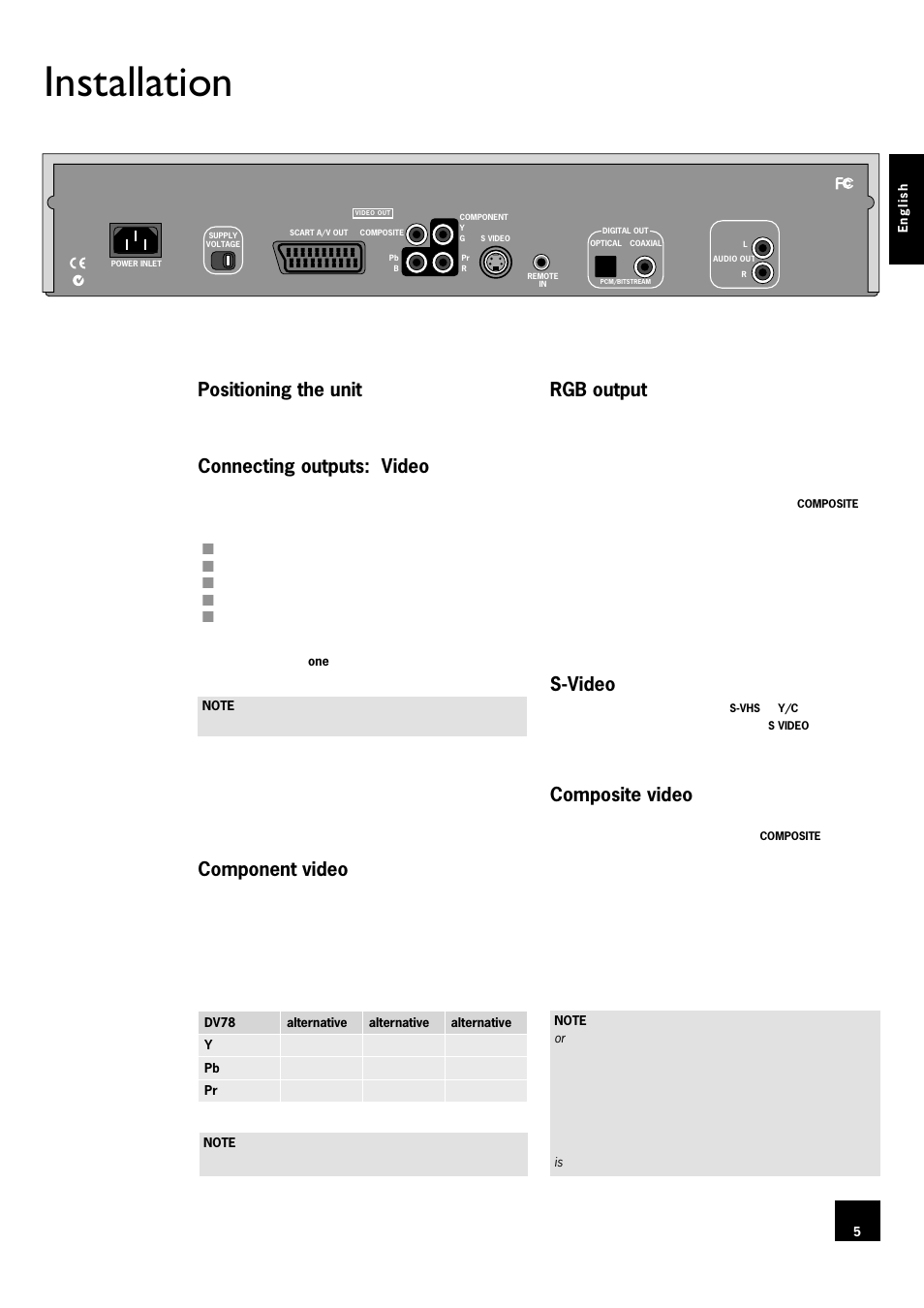 Installation, Positioning the unit, Connecting outputs: video | Component video, Rgb output, S-video, Composite video, 5 connecting outputs: video, 5 component video, 5 rgb output | Arcam DV78 User Manual | Page 5 / 100