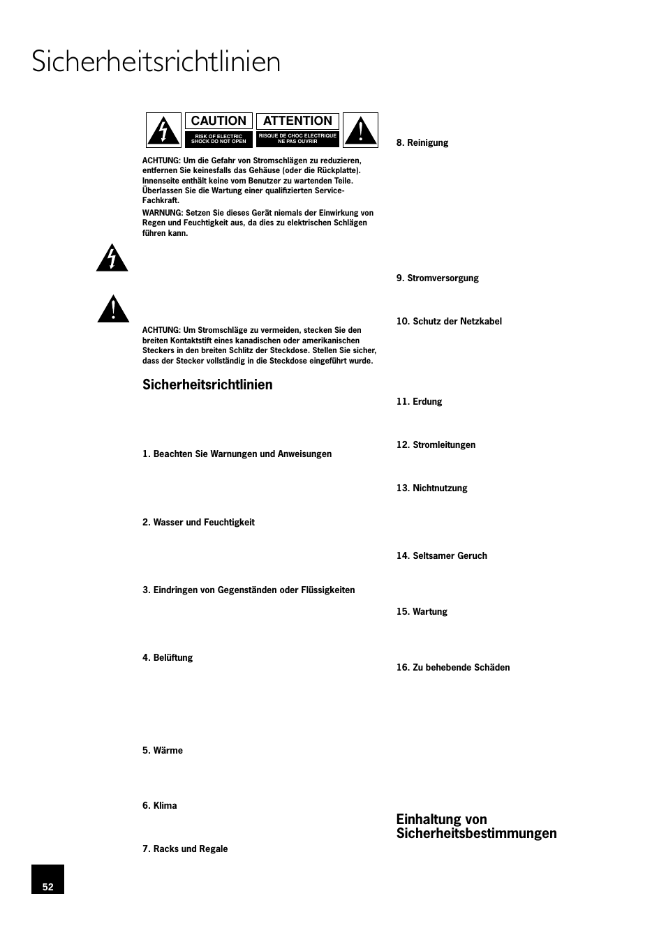 Sicherheitsrichtlinien, Einhaltung von sicherheitsbestimmungen, 52 einhaltung von sicherheitsbestimmungen | Attention caution | Arcam DV78 User Manual | Page 52 / 100
