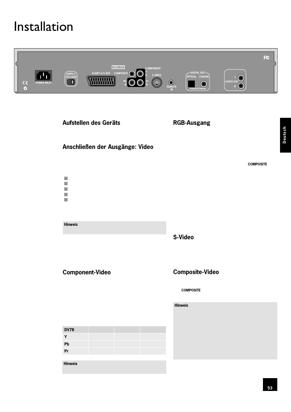 Installation, Aufstellen des geräts, Anschließen der ausgänge: video | Component-video, Rgb-ausgang, S-video, Composite-video, 53 anschließen der ausgänge: video, 53 component-video, 53 rgb-ausgang | Arcam DV78 User Manual | Page 53 / 100