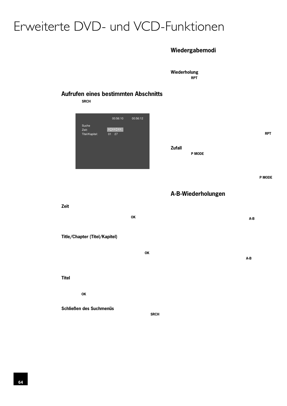 Erweiterte dvd- und vcd-funktionen, Aufrufen eines bestimmten abschnitts, Wiedergabemodi | A-b-wiederholungen, 64 wiedergabemodi, 64 a-b-wiederholungen | Arcam DV78 User Manual | Page 64 / 100