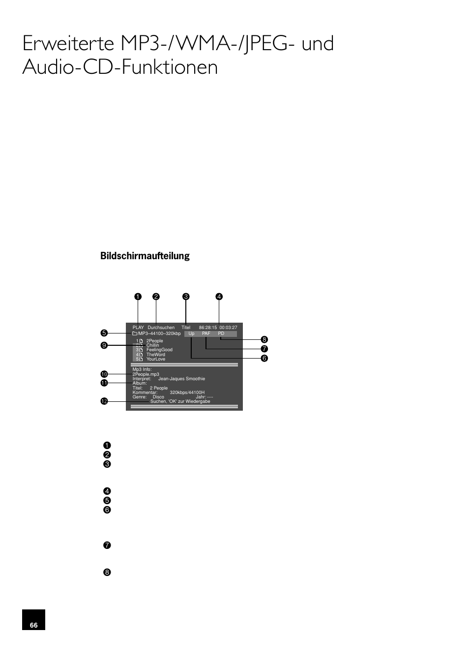 Erweiterte mp3-/wma-/jpeg- und audio-cd-funktionen, Bildschirmaufteilung, Wiedergabemodus | Durchsuchen des datenträgers (durchsuchmodus), 66 wiedergabemodus, 66 durchsuchen des datenträgers (durchsuchmodus) | Arcam DV78 User Manual | Page 66 / 100