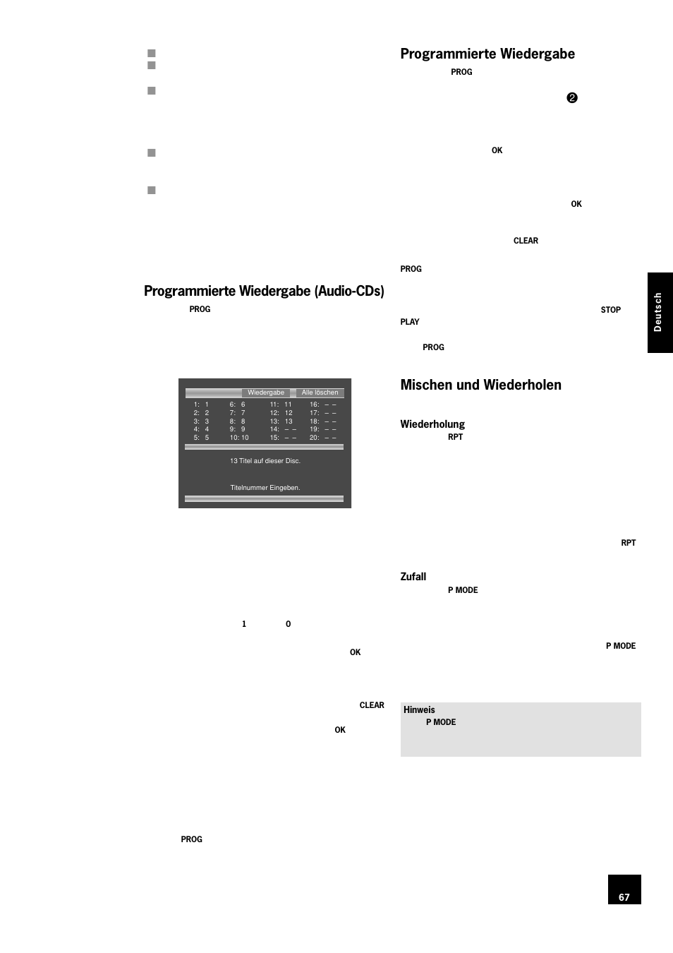Programmierte wiedergabe (audio-cds), Programmierte wiedergabe, Mischen und wiederholen | 67 programmierte wiedergabe, 67 mischen und wiederholen | Arcam DV78 User Manual | Page 67 / 100