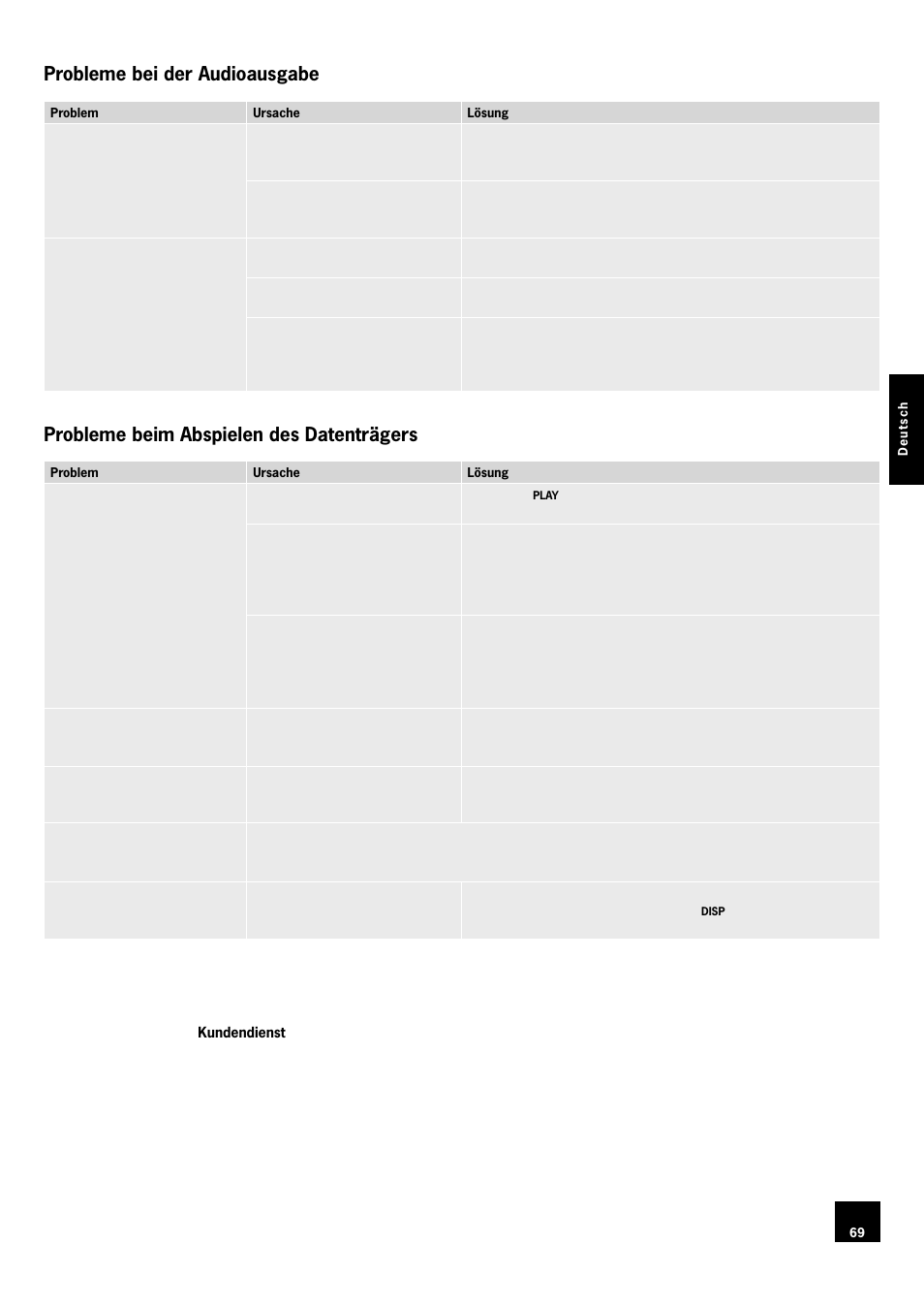 Probleme bei der audioausgabe, Probleme beim abspielen des datenträgers, 69 probleme beim abspielen des datenträgers | Arcam DV78 User Manual | Page 69 / 100