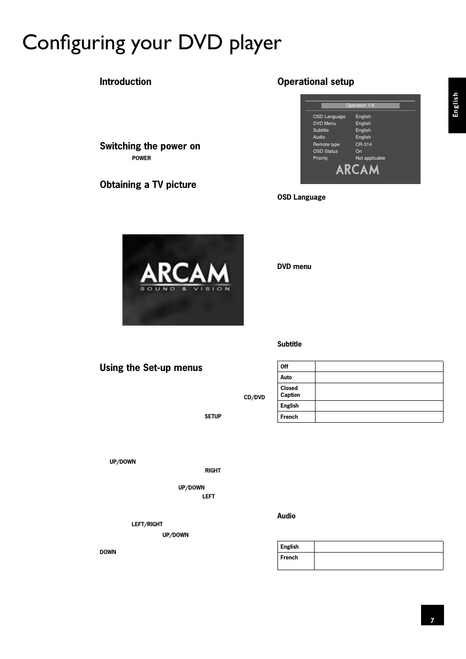 Configuring your dvd player, Introduction, Switching the power on | Obtaining a tv picture, Using the set-up menus, Operational setup, 7 switching the power on, 7 obtaining a tv picture, 7 using the set-up menus, 7 operational setup | Arcam DV78 User Manual | Page 7 / 100