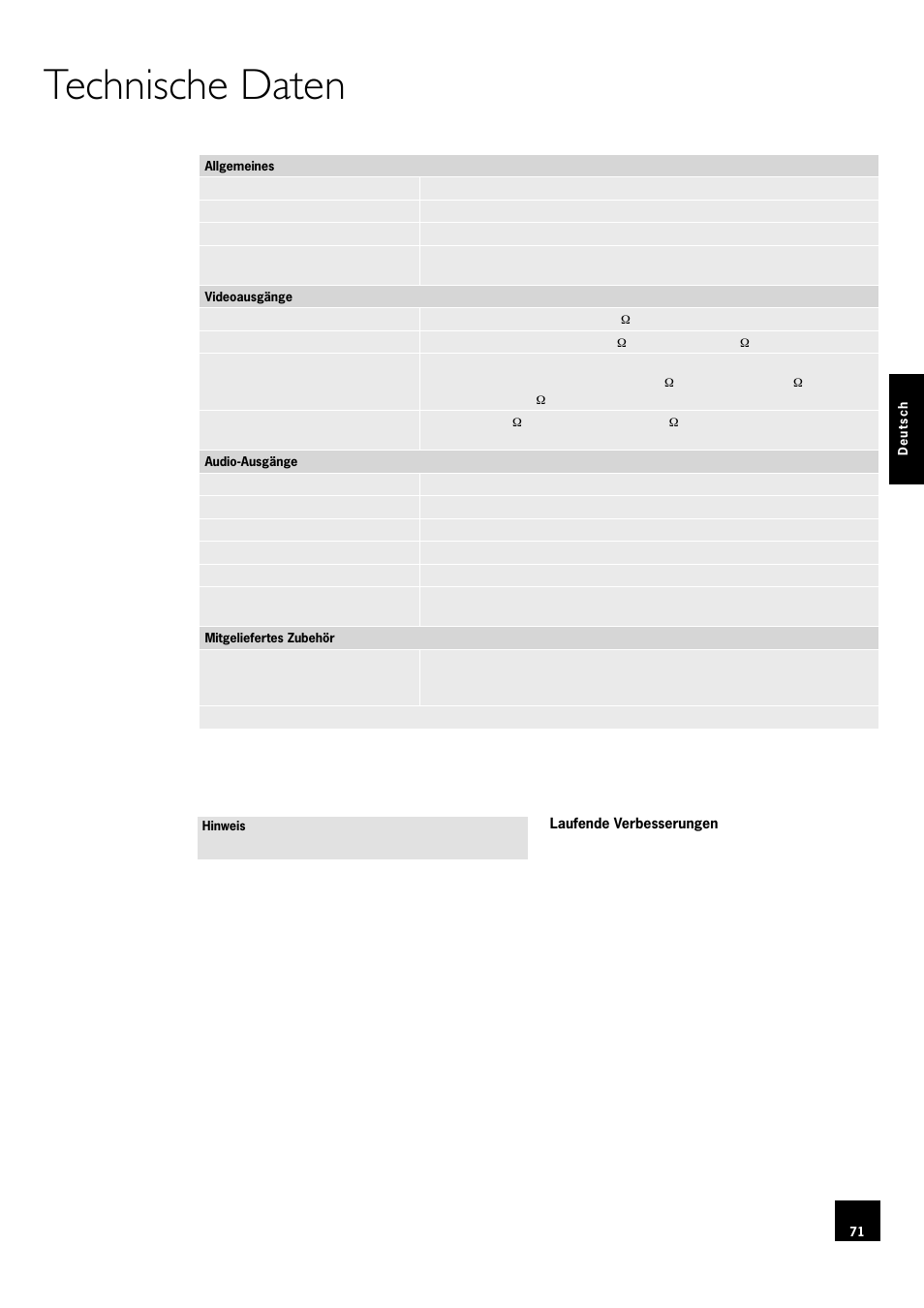 Technische daten | Arcam DV78 User Manual | Page 71 / 100