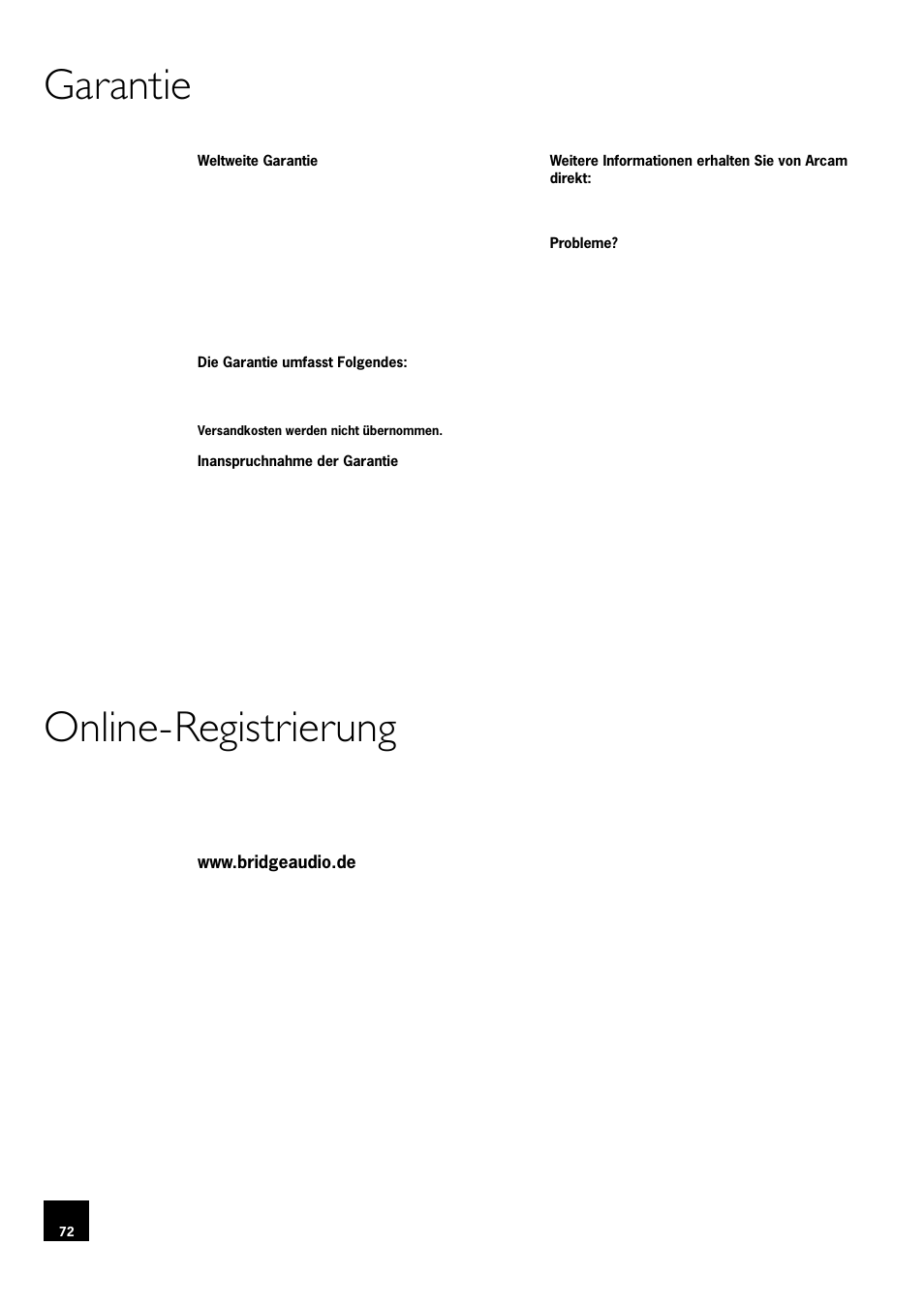 Garantie, Online-registrierung, 72 online-registrierung | Garantie online-registrierung | Arcam DV78 User Manual | Page 72 / 100