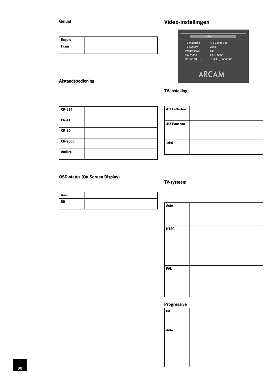 Video-instellingen | Arcam DV78 User Manual | Page 80 / 100