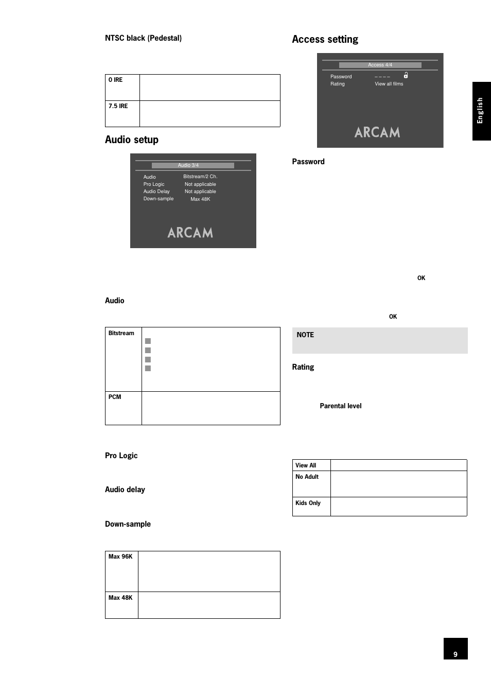 Audio setup, Access setting, 9 access setting | Arcam DV78 User Manual | Page 9 / 100