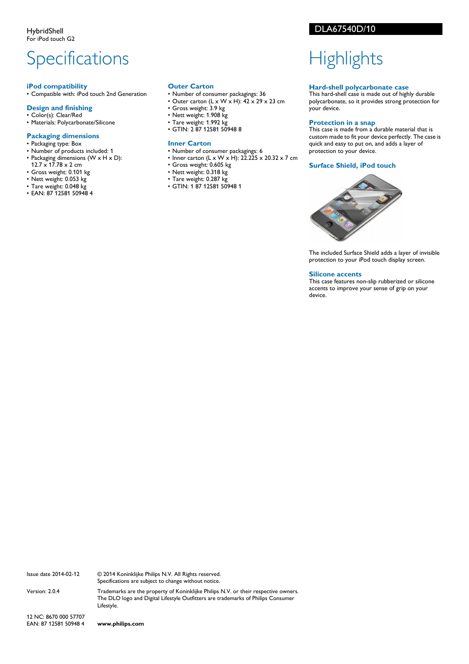 Specifications, Highlights | Philips DLO Coque rigide hybride User Manual | Page 2 / 2