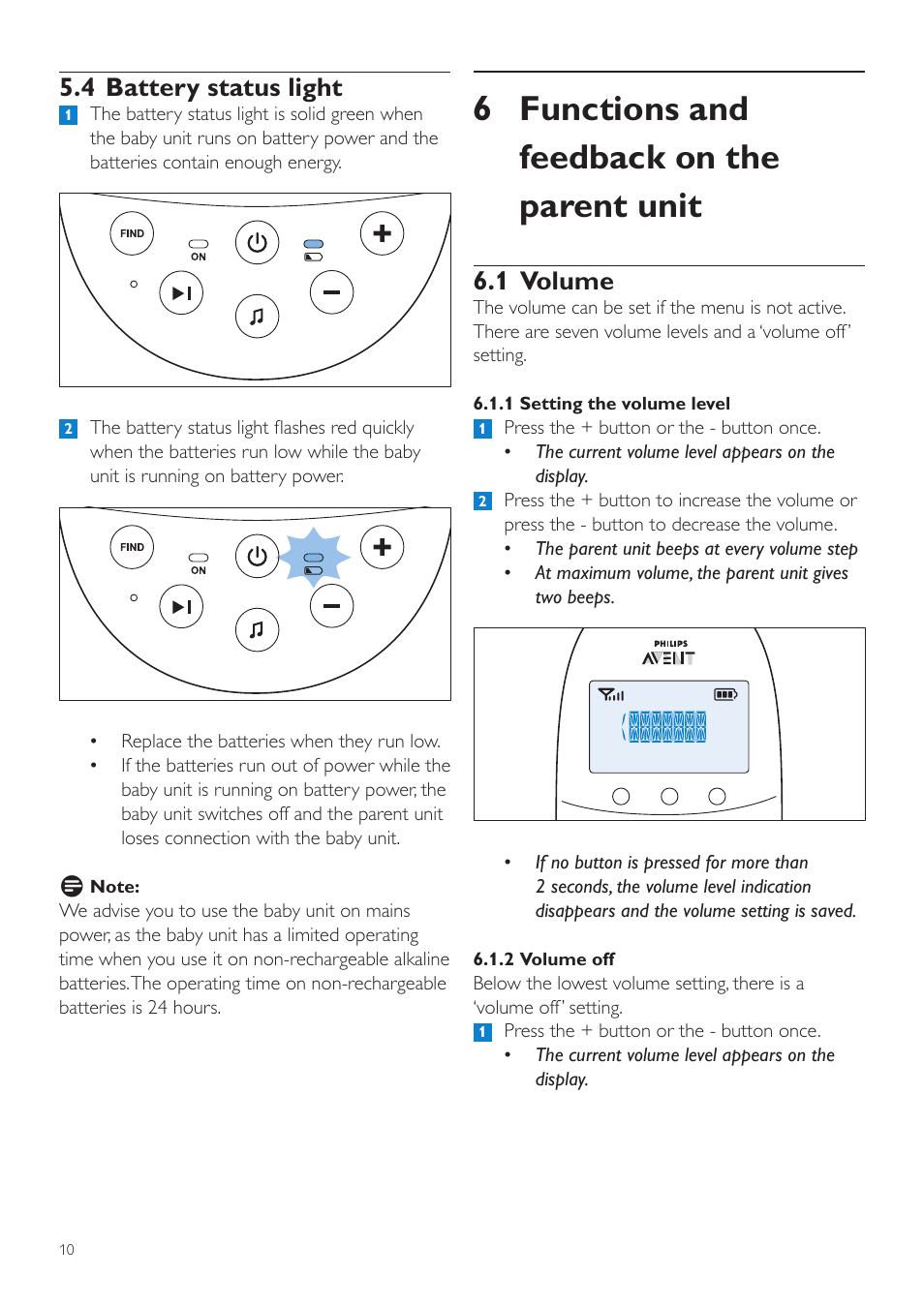 6 functions and feedback on the parent unit, 1 volume, 4 battery status light | Philips AVENT Écoute-bébé DECT User Manual | Page 10 / 294