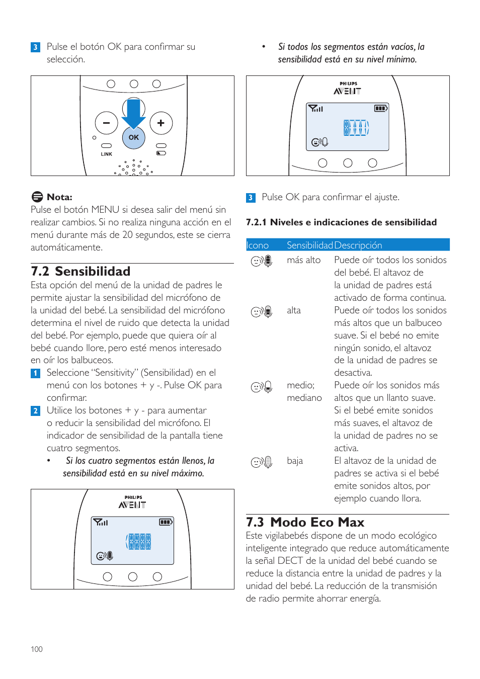 3 modo eco max, 2 sensibilidad | Philips AVENT Écoute-bébé DECT User Manual | Page 100 / 294