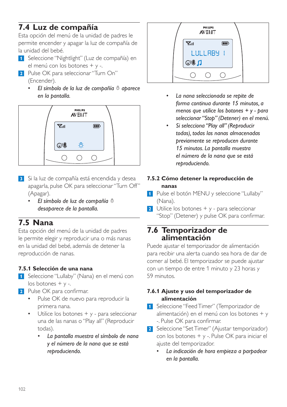 6 temporizador de alimentación, 4 luz de compañía, 5 nana | Philips AVENT Écoute-bébé DECT User Manual | Page 102 / 294